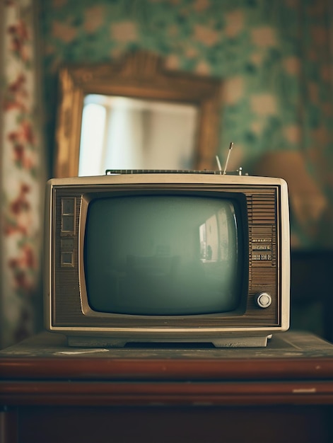 Um aparelho de televisão sentado em uma mesa no estilo de visuais retro estética vintage