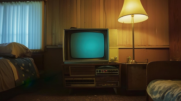 Um aparelho de televisão sentado em uma mesa no estilo de visuais retro estética vintage