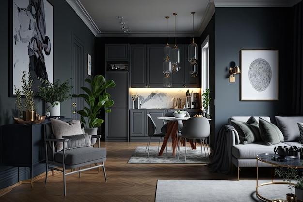 Um apartamento recém-pintado com móveis elegantes e detalhes elegantes generative ai