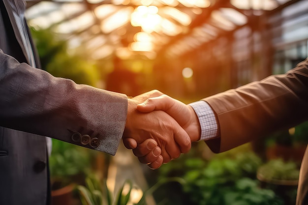 Um aperto de mão de dois agricultores contra o fundo de um campo de trigo ao pôr-do-sol