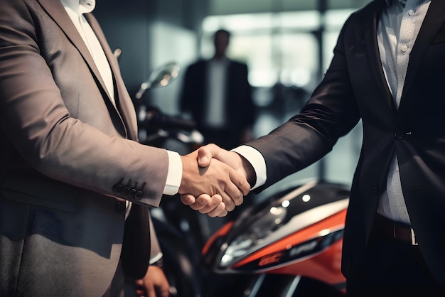 Um aperto de mão de um empresário para comprar uma moto nova.