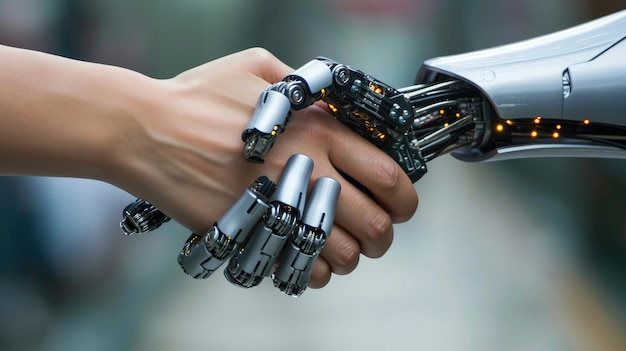 Um aperto de mão humano com uma mão robótica conceito inteligente artificial