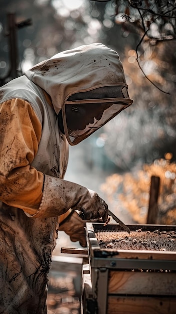 Um apicultor com equipamento de proteção examina cuidadosamente uma estrutura de uma colmeia A inspeção meticulosa é crucial para a saúde da colmeia e a produção de mel