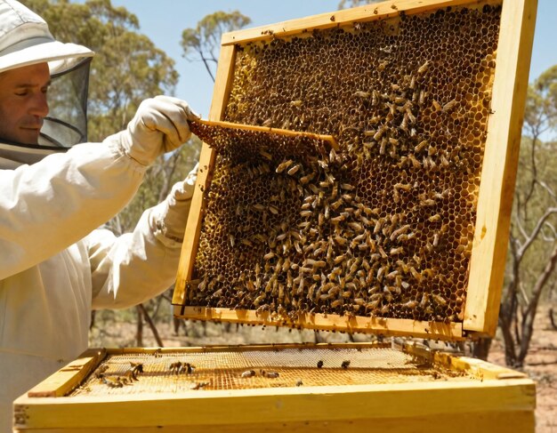 Foto um apicultor de uniforme branco está inspeccionando uma colmeia