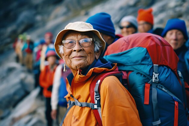 Um aposentado asiático ativo com uma mochila nas costas está a escalar uma montanha.