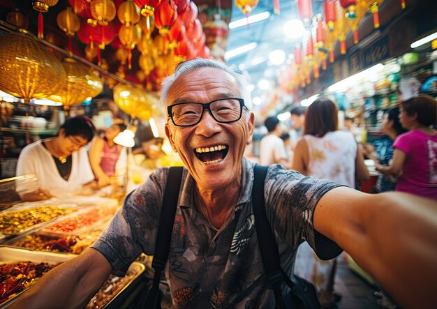 Um aposentado explorando um vibrante mercado de rua em uma movimentada cidade asiática cercada de barracas coloridas