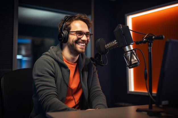 Um apresentador de rádio feliz falando em um microfone em um estúdio