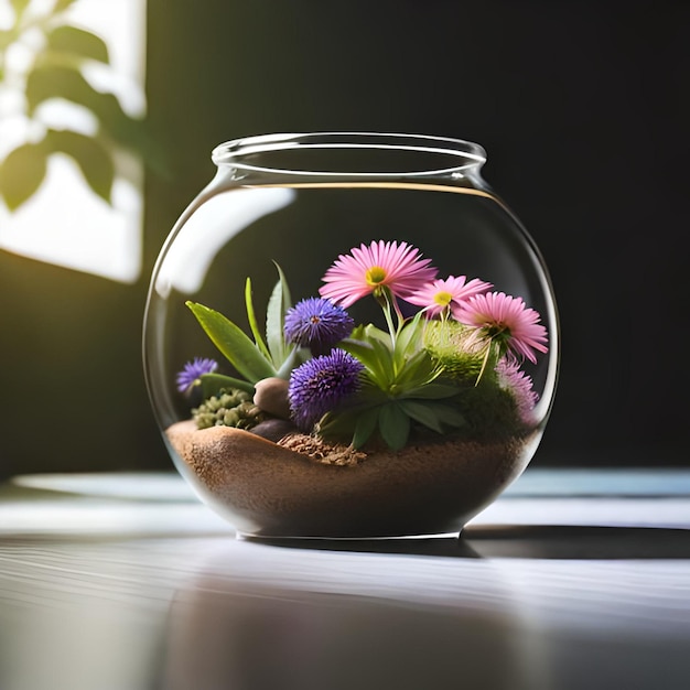 Um aquário com flores e uma planta dentro