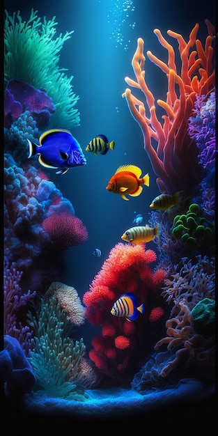 Um aquário com um fundo azul e um peixe azul nele.