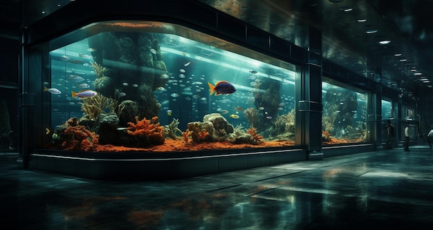 um aquário com um peixe azul ao fundo