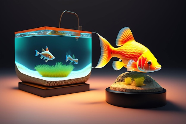 Um aquário com um peixinho dourado nele