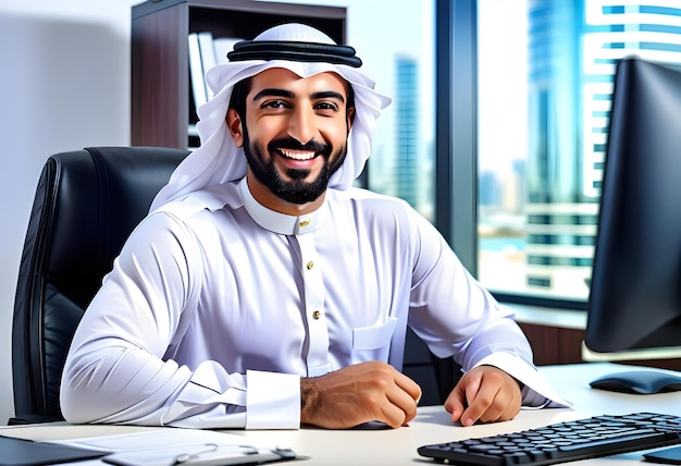 Um árabe dos Emirados Feliz no escritório vestindo Kandura olhando para a frente