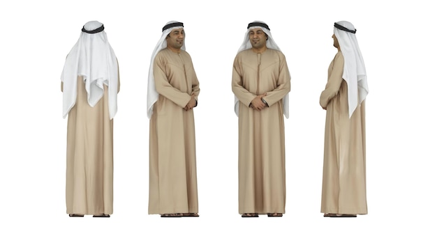 Um árabe muçulmano humano isolado vestido personagem homem conjunto frente para trás e vista lateral homens thawb