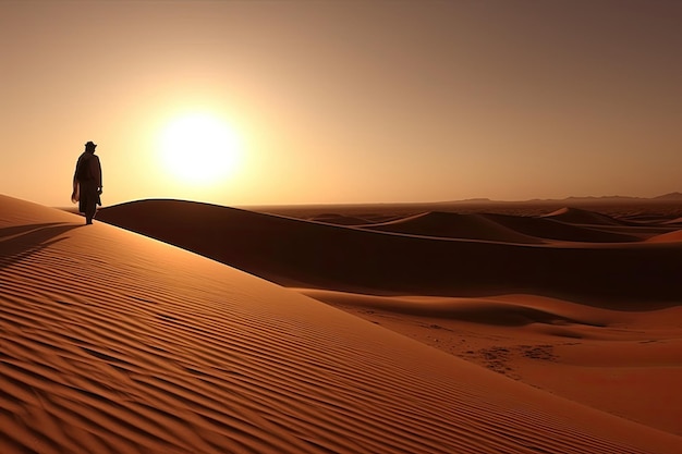 Um árabe solitário atravessando graciosamente as belas e vastas paisagens do Saara.
