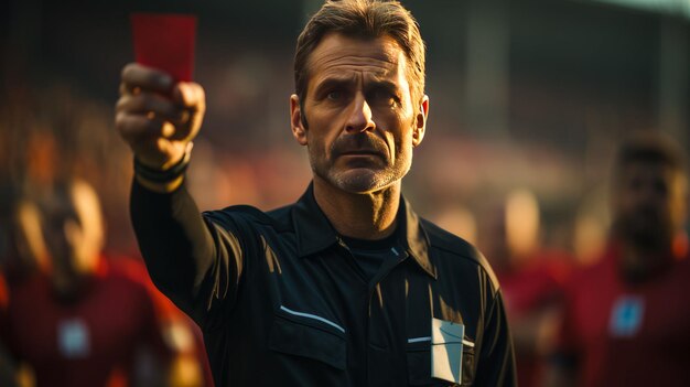 Foto um árbitro de futebol de camisa preta mostrando um cartão vermelho em um campo em uma partida de futebal