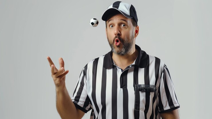 Foto um árbitro surpreso olha para cima enquanto uma mini bola de futebol flutua no ar