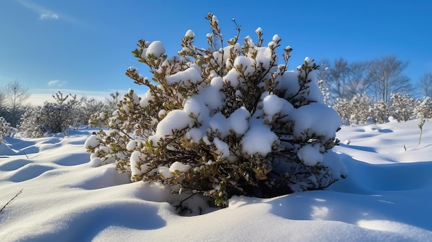 Um arbusto coberto de neve no inverno com o sol brilhando sobre ele.