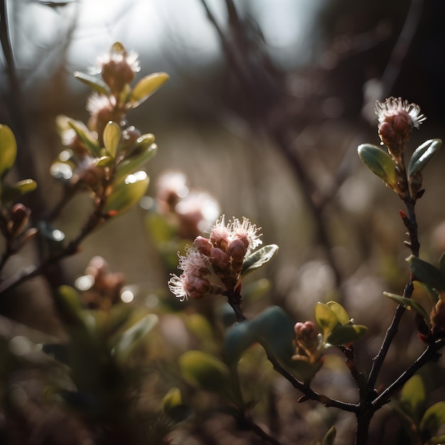 Um arbusto com flores cor de rosa e o sol brilhando sobre ele