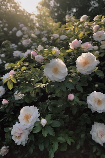 Um arbusto de rosas brancas com flores cor de rosa