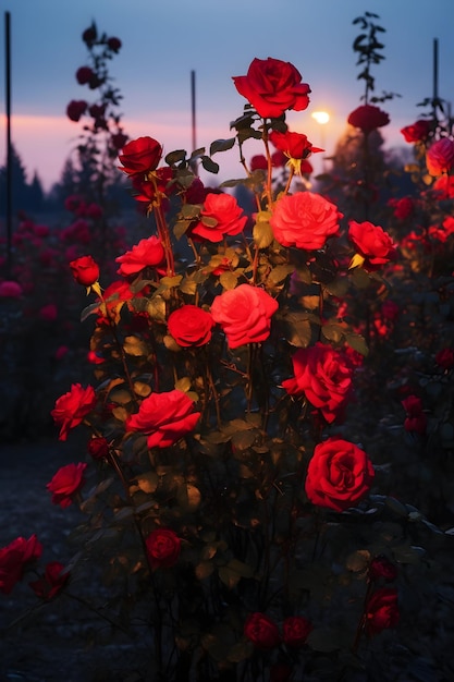 Um arbusto de rosas com pétalas vermelhas no crepúsculo