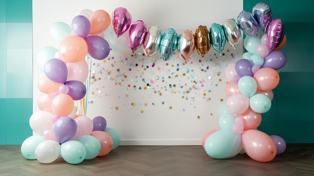 Um arco de balões com um arco de balões de arco-íris ao fundo