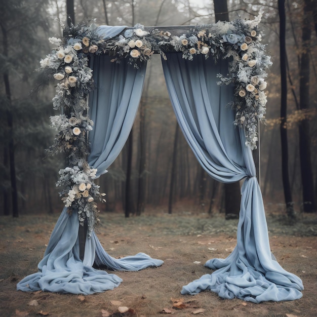 Um arco de casamento azul com uma cortina feita de flores.