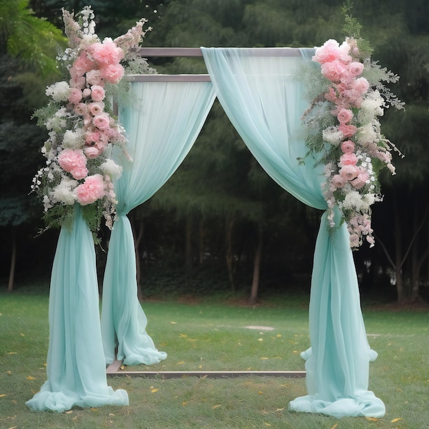 Um arco de casamento azul e branco com flores cor de rosa