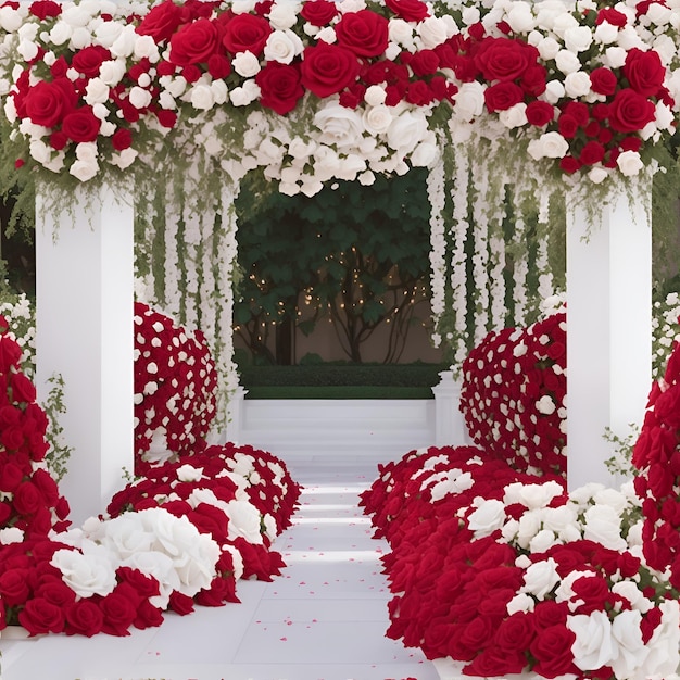 Um arco de casamento branco e vermelho com flores vermelhas e brancas