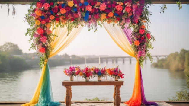 Um arco de casamento colorido com flores nele