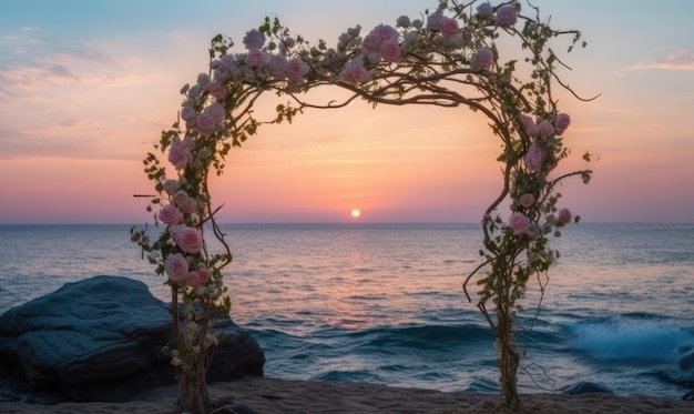 Um arco de casamento com flores cor de rosa e o pôr do sol atrás dele