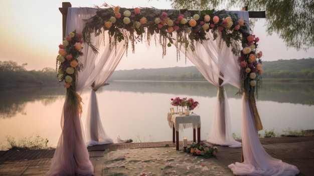 Um arco de casamento com flores e um lago ao fundo