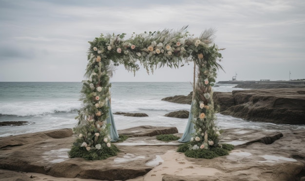 Um arco de casamento com flores na praia