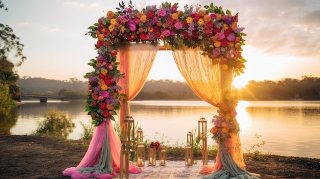 Um arco de casamento com flores nele