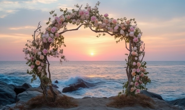 Um arco de casamento com rosas nele