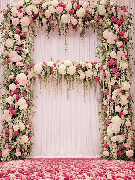 Um arco de flores com flores brancas e flores cor de rosa Papel de parede de pano de fundo do casamento
