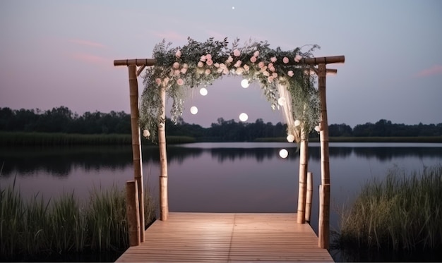 Foto um arco de madeira com flores cor de rosa e luzes brancas é um local para casamentos.