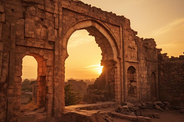 Foto um arco de pedra com o sol a pôr-se atrás dele