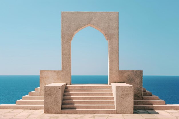 um arco de pedra com vista para o oceano e o céu ao fundo.