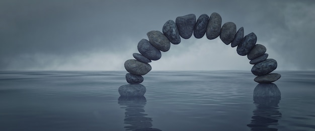 Um arco de pedra no meio do mar, névoa cinzenta e enevoada, renderização em 3D