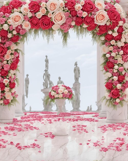 Um arco floral com flores cor-de-rosa e brancas