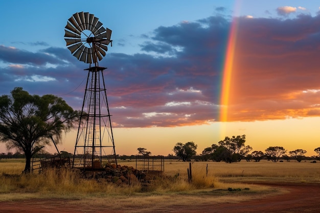 Um arco-íris aparecendo sobre um moinho de vento rural