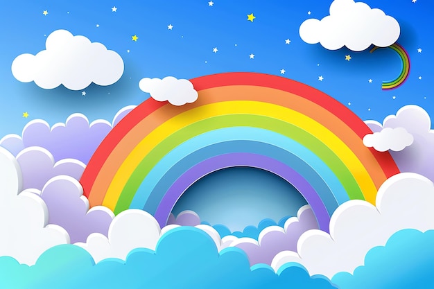 Um arco-íris bonito e um fundo de nuvens em cores pastel