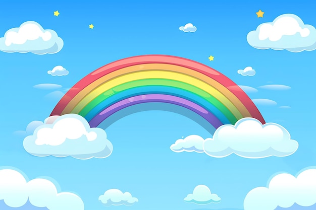 Um arco-íris colorido com um céu azul e nuvens ao fundo