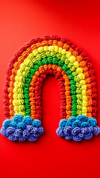 Foto um arco-íris colorido feito à mão sobre um fundo vermelho vibrante exibindo artesanato artístico de fibras