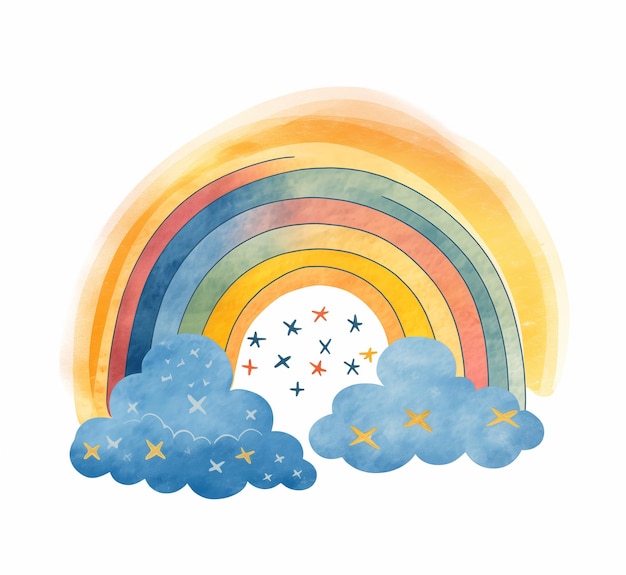 Um arco-íris de aquarela caprichoso com nuvens desenhadas em pastéis suaves evocando nostalgia e charme brincalhão em uma ilustração sonhosa