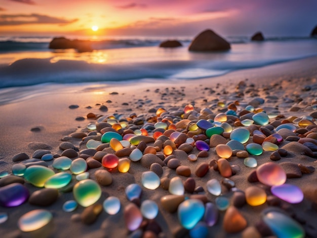 Foto um arco-íris de rochas na praia ao pôr-do-sol que mostra uma praia no pôr- do-sol