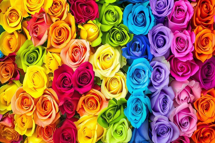 Foto um arco-íris de rosas coloridas
