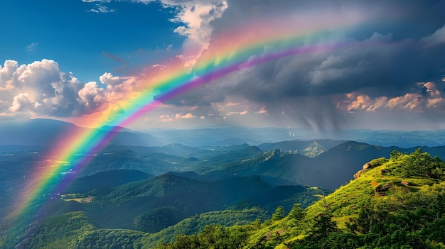 Foto um arco-íris de tirar o fôlego estendendo-se através de altas montanhas vista conceito de esperança e renovação