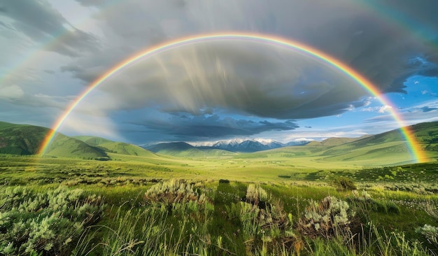Um arco-íris duplo sobre um vasto campo verde lançando cores vibrantes através da paisagem simbolizando esperança e alegria na beleza da natureza