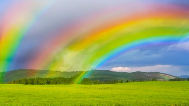 um arco-íris é mostrado no céu e a grama é verde